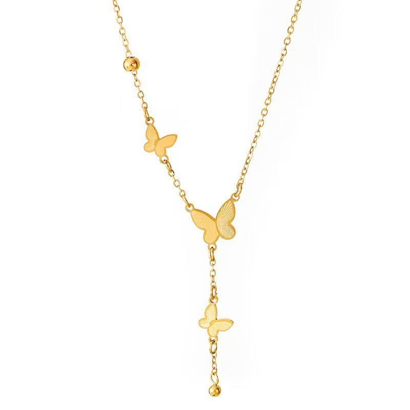 French style light luxury butterfly tassel titanium steel necklace for women, gentle and versatile, high-end feeling, 18K gold collarbone chain