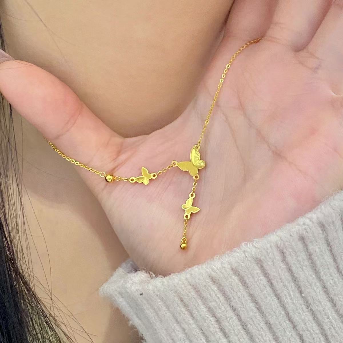 French style light luxury butterfly tassel titanium steel necklace for women, gentle and versatile, high-end feeling, 18K gold collarbone chain
