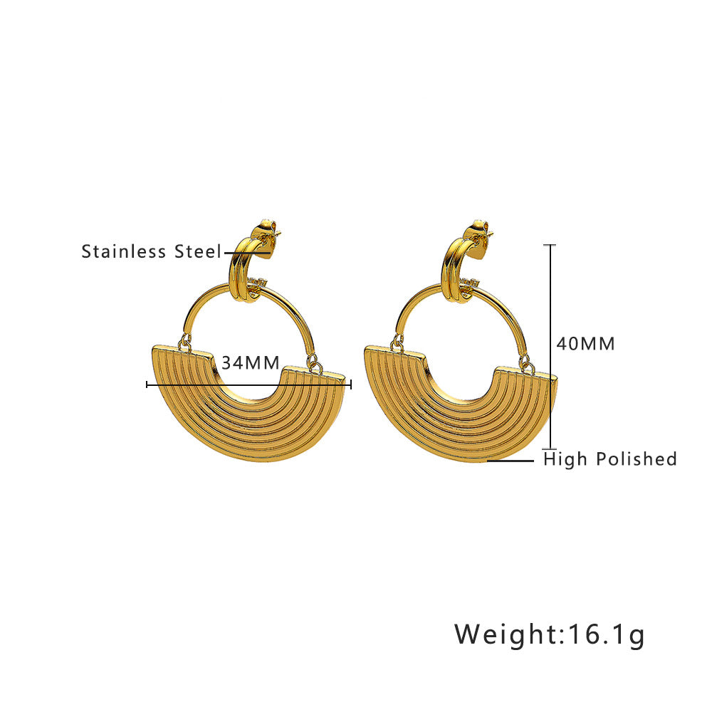 European and American INS style stainless steel earrings plated with 18k gold, versatile geometric exaggerated gold fan-shaped titanium steel earrings for women