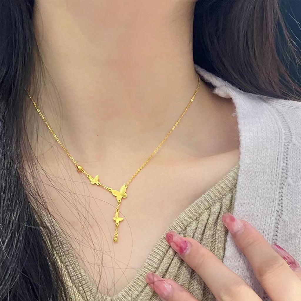 French style light luxury butterfly tassel titanium steel necklace for women, gentle and versatile, high-end feeling, 18K gold collarbone chain