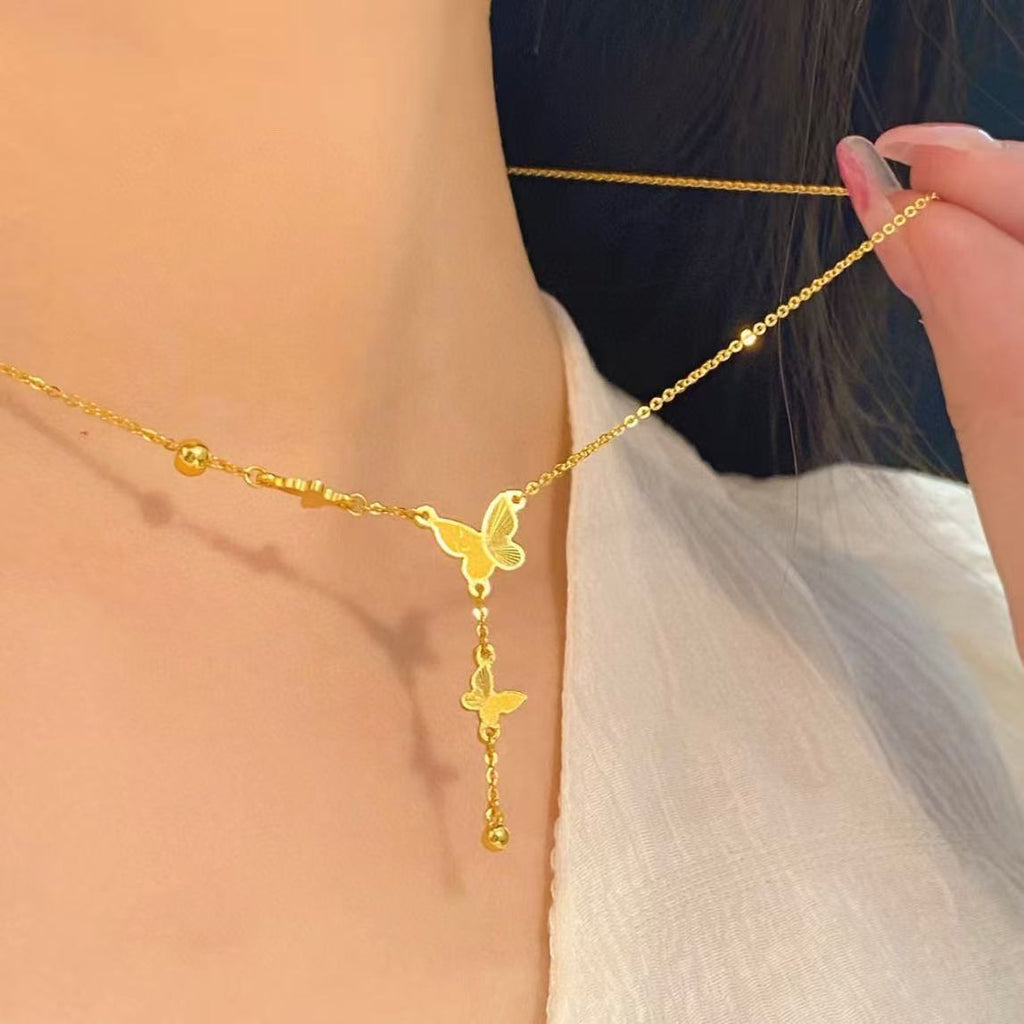 French style light luxury butterfly tassel titanium steel necklace for women, gentle and versatile, high-end feeling, 18K gold collarbone chain